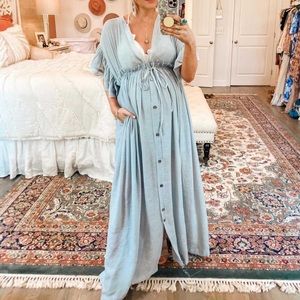 anika pocketed button down ruffle maxi dress